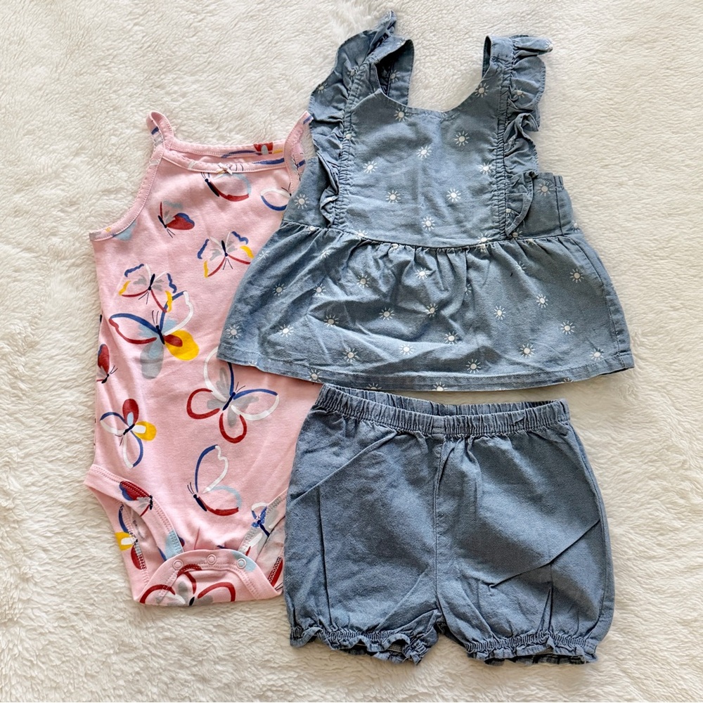 Carter’s 3 Piece Set Bodysuit Chambray Top Shorts Blue Pink Butterfly Size 24M - Picture 2 of 12
